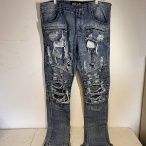 Preme Distressed Destroyed Moto Blue Jeans Men Size 36x35 Zippered Pockets